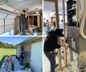 Collage of photos of HVACR students intalling a heat pump on a new building.