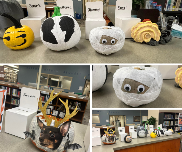 Decorated Halloween pumpkins in the LLCC Library.