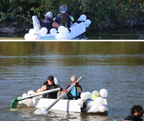 Photos of Enrollment Management's cardboard boat.