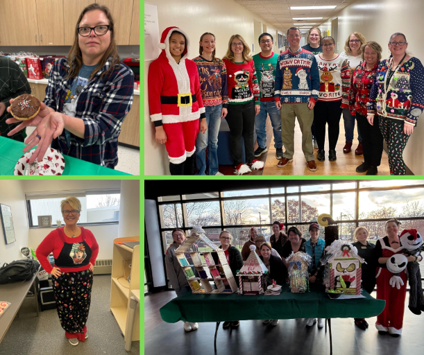 employees wearing ugly holiday sweaters, dressed for holiday spirit and a gingerbread house contest.