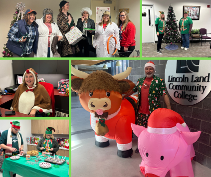 PHotos of employees dressed like charaacters in Christmas vacation, decorating cookies and a holiday adorned pig and cow inflatable.